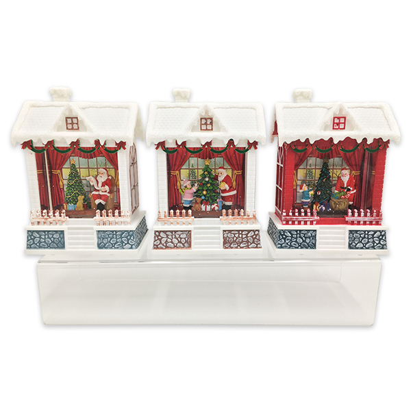 House shape Housing w/ XMAS figurine & LED light, 3asst.            
